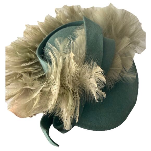 Vintage 1950s Feather Cocktail Tilt Hat Teal Felt Fascinator Germaine Montabert main image 5